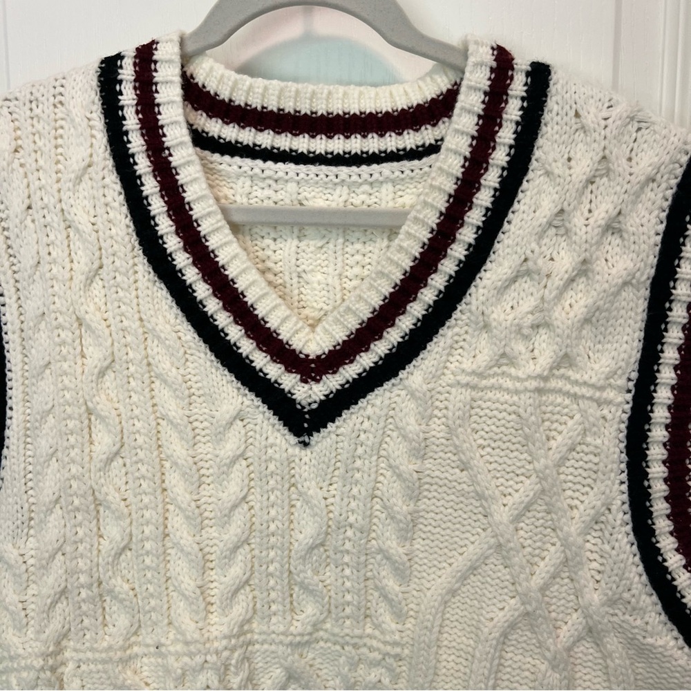 Cable Knit Sweater Vest Cream Sporty Stripes Size Large - Picture 7 of 9
